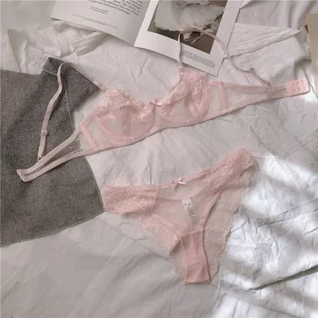 Секси прозрачен сутиен с полукружием, бикини, нова големи гърди, малко дантелено бельо, чорапогащи, розов топ, комплект с бюстгальтером, безшевни сутиени и гащи