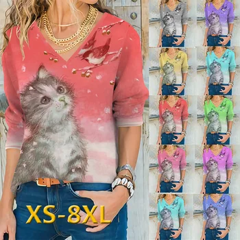 Y2k Елегантна Риза с Дълги ръкави и 3D Принтом Котка и Животни, Дамски Новата Пролетно-есенна тениска с V-образно деколте, Ежедневни Модна Тениска в ретро стил