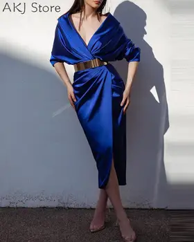 Жена Секси Вечерна рокля от Сатен с V-образно деколте и рюшами