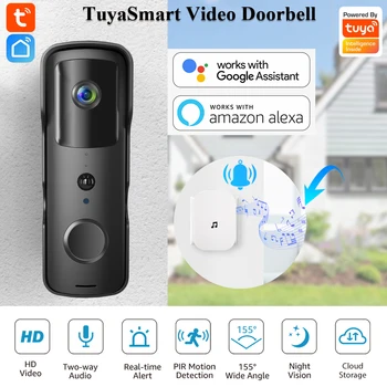 TuyaSmart Безжичен Видео звънец Водоустойчив нощно виждане 1080P FHD Камера Цифров работи с Amazon alexa и Google Assistant