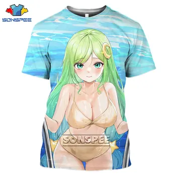 SONSPEE 3D Аниме Секси Красотата Бикини Тениски С принтом Летни Плажни Бански костюми Отаку Богинята Моден Тренд Извънгабаритни Блузи С Къс Ръкав